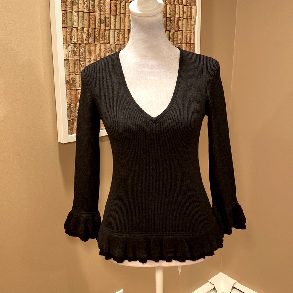 Esther Chen Black Ribbed Top.  Silk, Nylon and Spandex.  Ruffled detail
